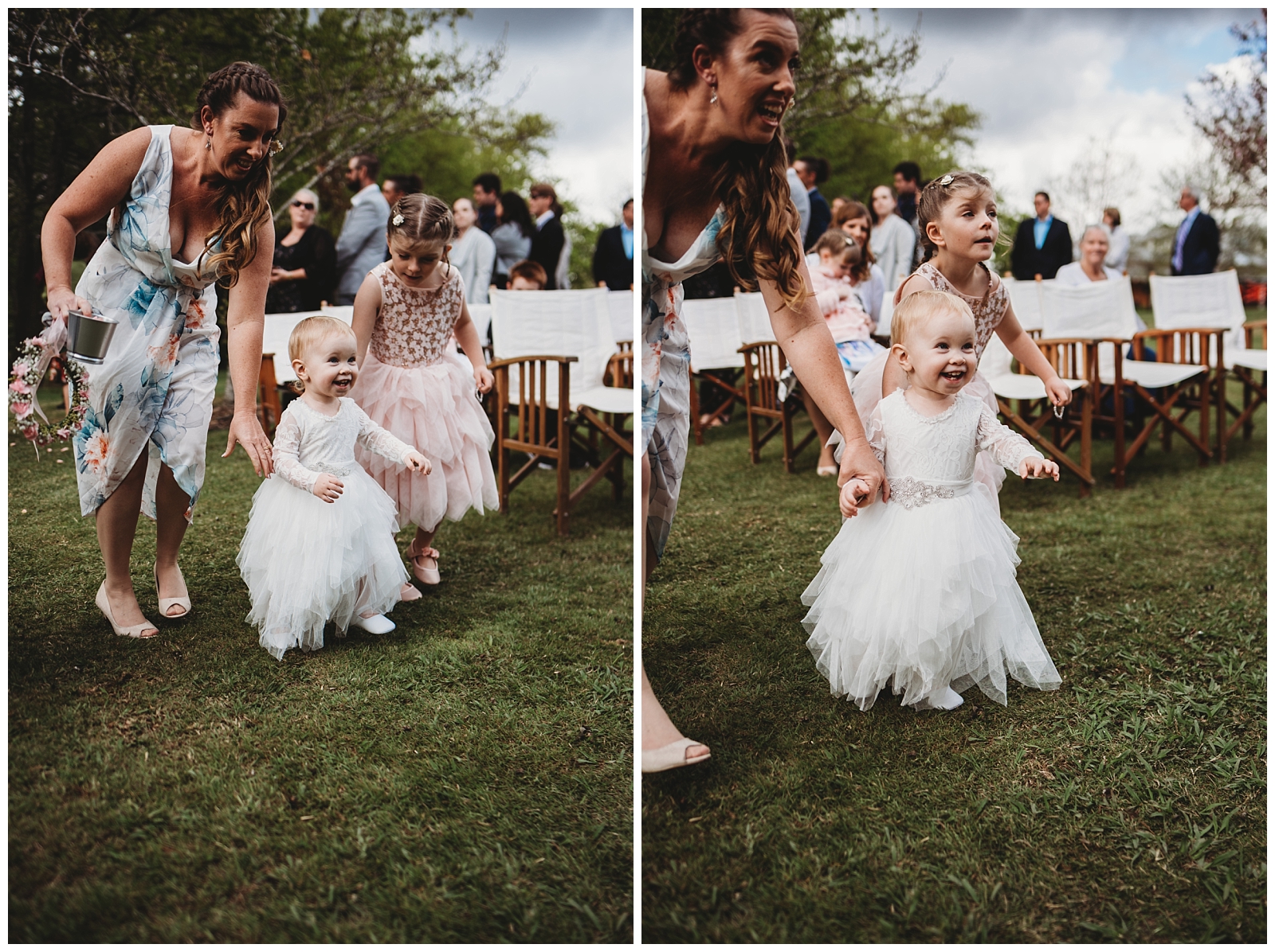 Flower girls running towards gazebo to meet her Dad the Groom as her grandmother reaches for her hand