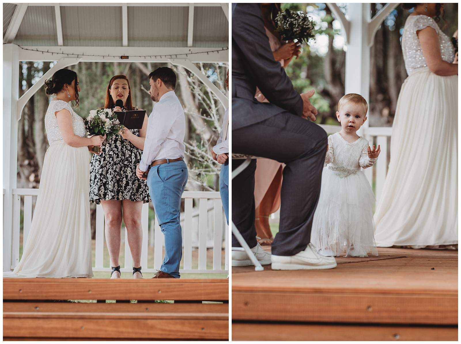 Bride and Groom facing each other during ceremony as celebrant speaks. Flower girl peaks around grandfathers leg to look at camera
