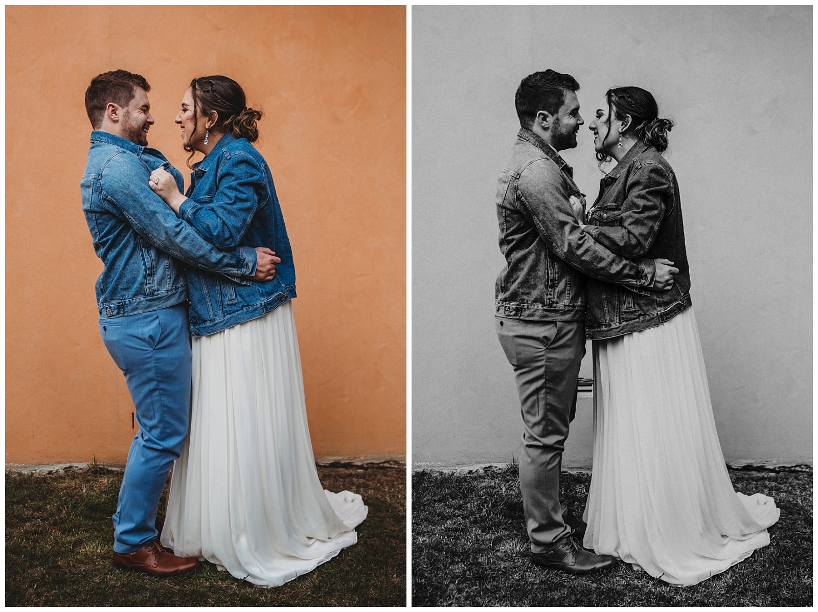 Full length view Bride and Groom wearing denim jackets facing each other smiling and giggling.