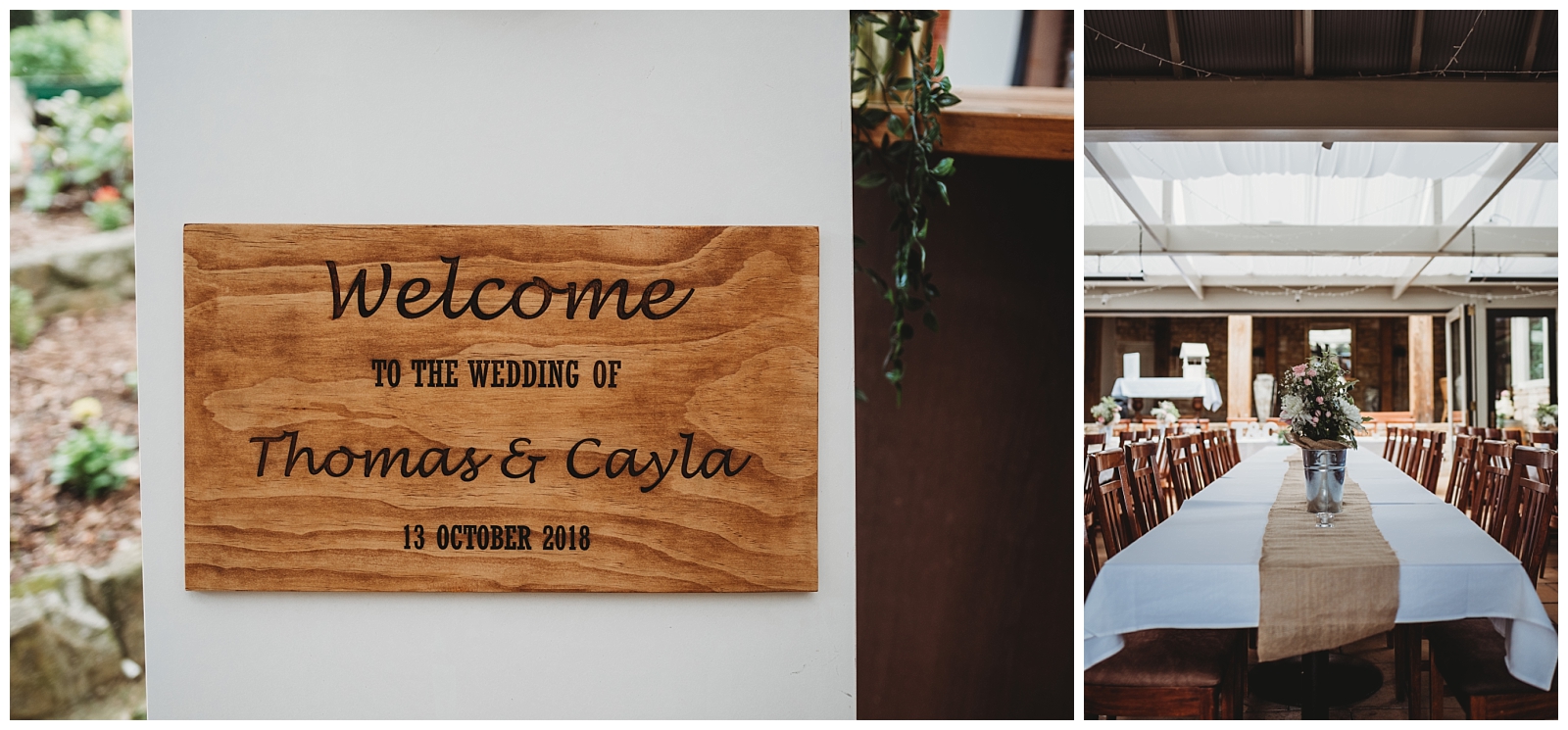 Wooden wedding welcome sign. Table length with white linen and flower in vase.
