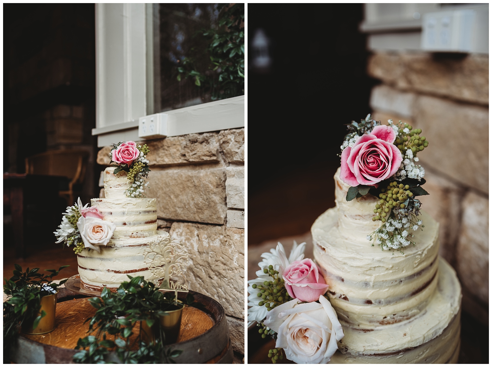 Three teir semi naked wedding cake with fresh pink and white roses.