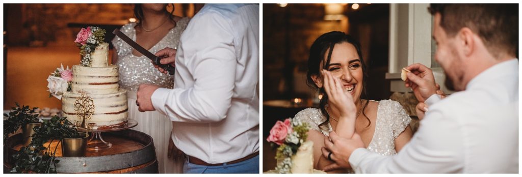 Bride and Groom cut wedding cake and Groom tries to feed Bride a piece as she laughs